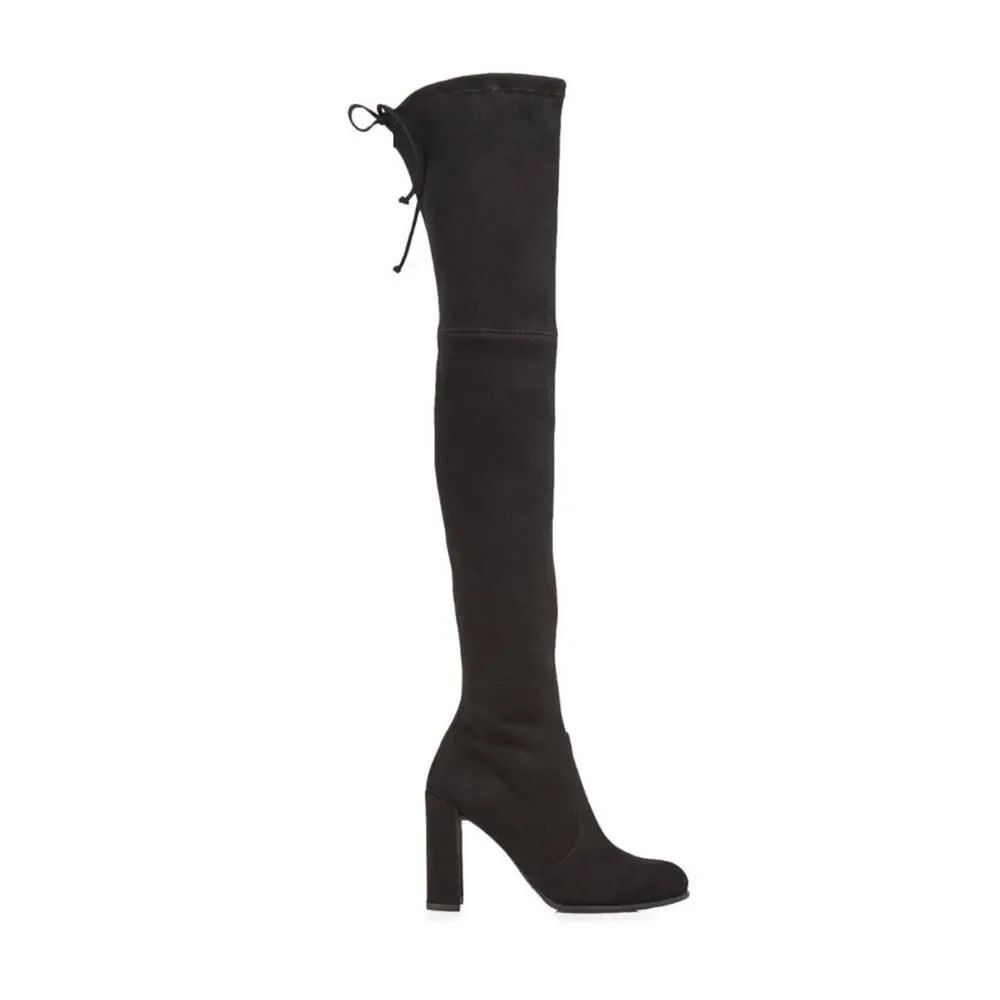 Stuart Weitzman Hiline OTK Boots Black Suede Block Heel Tie Back 6.5M